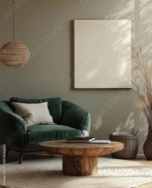 Fototapeta Interior design of a living room with white armchairs against a dark green planks paneling wall, contributing to the farmhouse style home design. 3D rendering, Generative AI