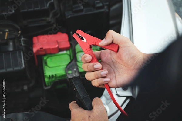 Fototapeta Car mechanic holding booster cables for jump start car for empty battery dead and low power problem or fix and service maintenance accident assistance engine doesn't start.