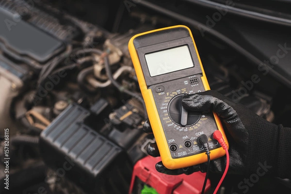 Fototapeta Mechanic uses electrical meter to check battery low energy problem for car care service maintenance and re charger or jump start or change battery replacement.