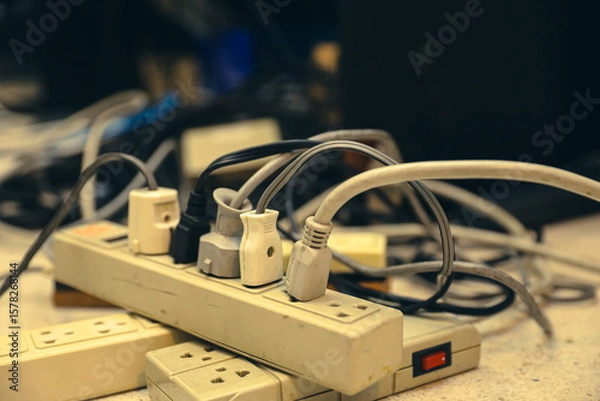 Fototapeta Old electrical extension cords plug is broken case damage and danger or connector voltage power burnt overload
