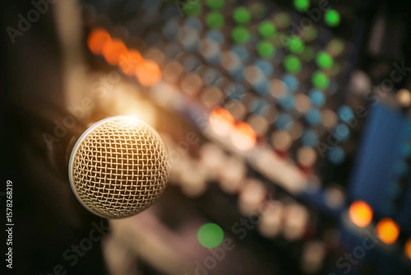 Fototapeta Microphone with sound mixer in studio for producer live broadcasting or audio equipment music instrument speaker of sounds record concepts.