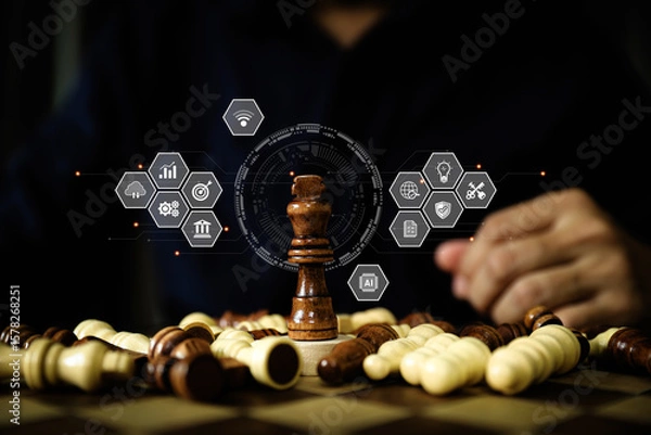 Fototapeta King chess on falling chess with business strategy plan icons for leadership or wining challenge and team player and risk management or human resource or strategic planning.