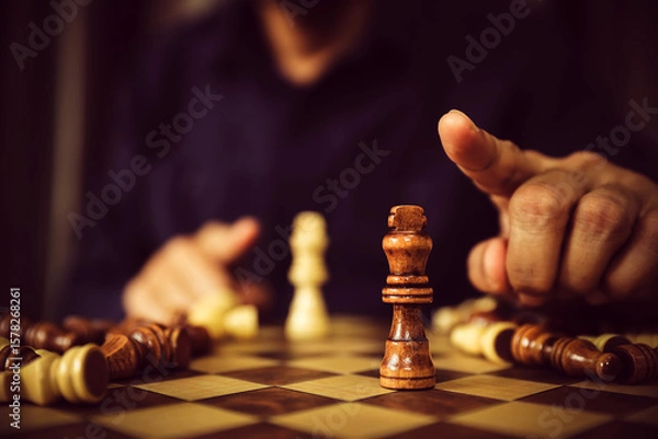 Fototapeta King chess on falling chess concept of business strategy plan and leadership or wining challenge and team player and risk management or human resource or strategic planning.