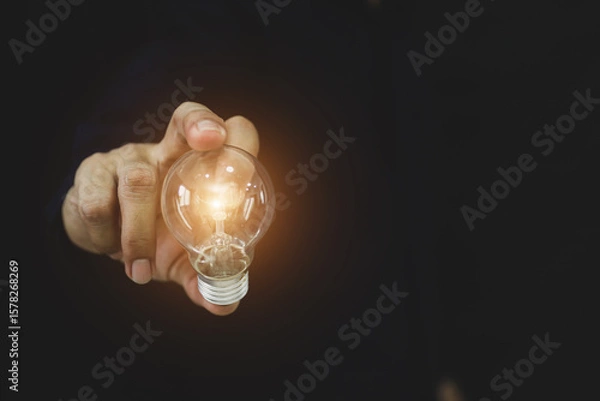 Fototapeta Hand chooses light bulb for business plan goal and creative idea innovation or study education or analyzing marketing data management and target growth or human resources concept.