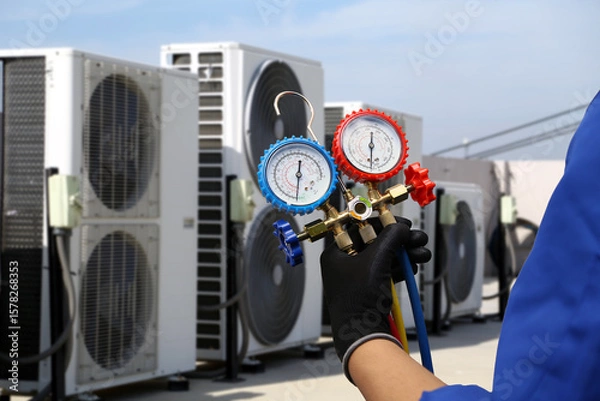 Fototapeta Air conditioning electrical technician service using measuring manifold gauge checking HVAC condition system and refrigerant filling air conditioner after cleaning and maintenance compressor units.