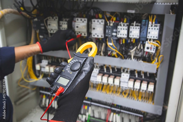 Fototapeta Electrical service technician use electricity measuring tools equipment checking electric current circuit breaker terminal panel and cable wiring main power distribution board for maintenance system.