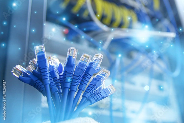 Fototapeta A lot of LAN internet network cable or RJ45 UTP Cat6 fiber optic Ethernet cables for cloud computing computer data link file transfer or wifi connect server networking devices technology system.