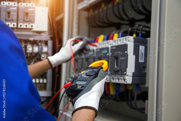 Fototapeta Electrical service technician use electricity measuring tools equipment checking electric current circuit breaker terminal panel and cable wiring main power distribution board for maintenance system.
