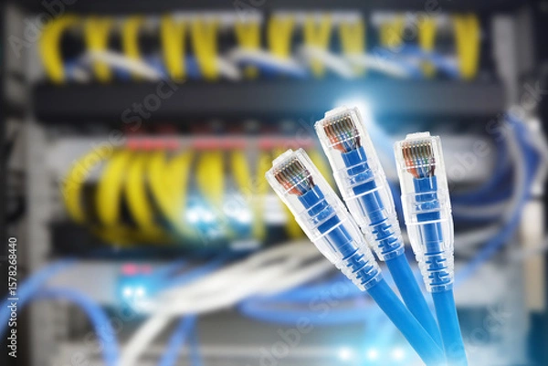 Fototapeta Cluse-up LAN internet network cable or RJ45 UTP Cat6 fiber optic Ethernet cables for cloud computing computer data link file transfer or wifi connect server networking devices technology system.