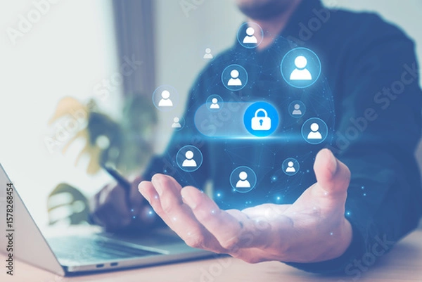 Fototapeta Hand and visual people icons for personal information protection identity password to login website or computer network security protect check and privacy data access.
