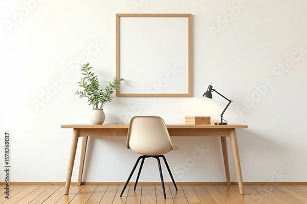 Fototapeta Minimalist home office setup with wooden desk and blank frame
