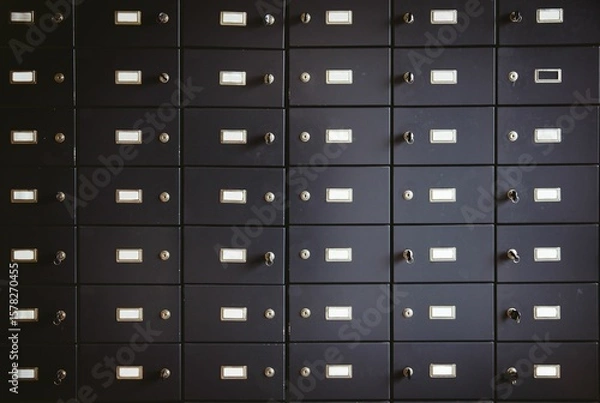Fototapeta Flat design showing metal safe deposit box fronts in secure vault with locks and hanging keys
