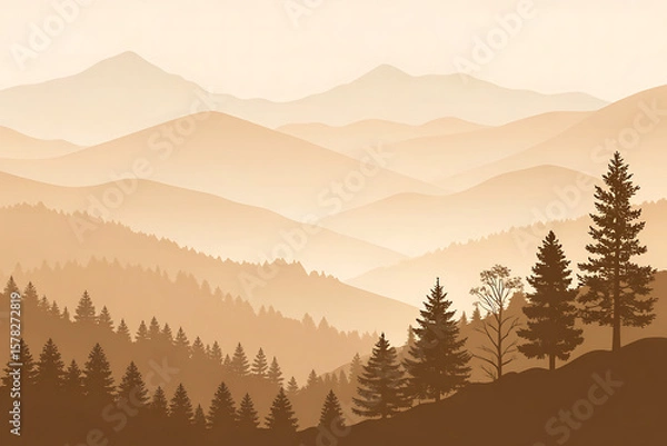 Obraz Serene mountain landscape with layered hills and silhouetted pine trees