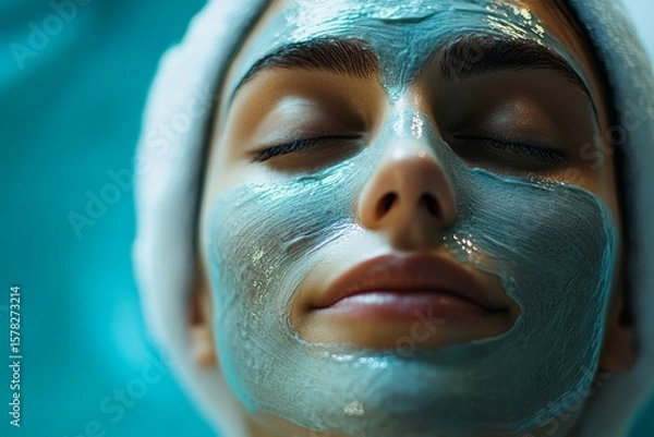 Fototapeta Cosmetologist applying a cosmetic mask on the female face in a spa, offering a relaxing and rejuvenating skincare treatment, Generative AI