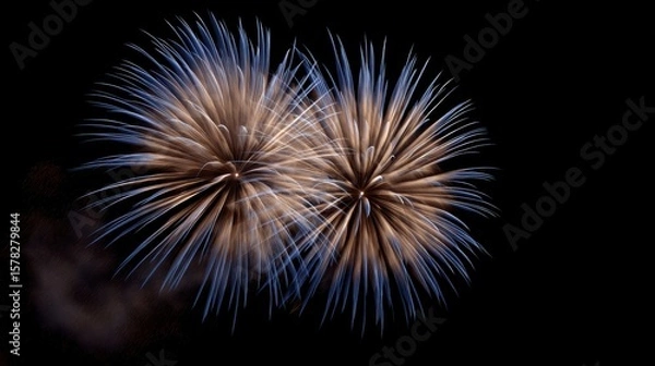 Fototapeta Stunning firework display of blue and gold light explodes in the dark sky for a holiday celebration
