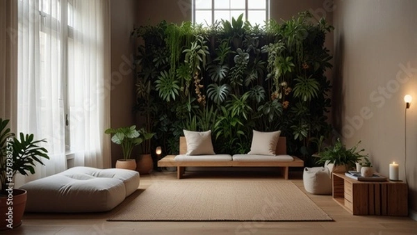 Fototapeta Minimal Zen Living Room with Indoor Vertical Garden, Floor Seating, and Soft Natural Light