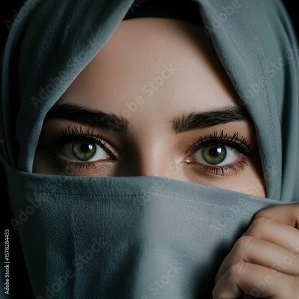 Fototapeta A woman's eyes are visible above a grey head covering, against a dark background.