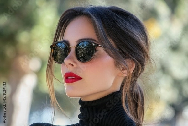 Fototapeta Beautiful woman in sunglasses and red lips, posing stylishly while enjoying a sunny day outdoors with confidence and elegance, Generative AI