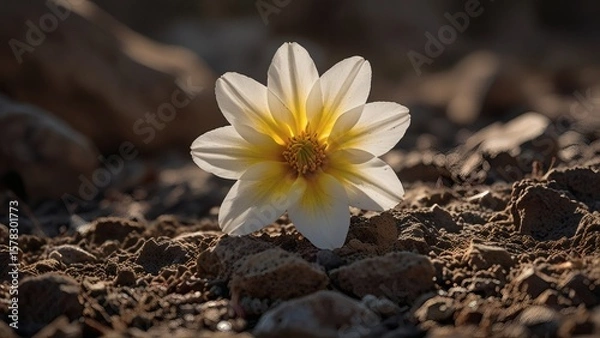 Fototapeta Single White and Yellow Flower Blooming in Dry Soil with Harsh Light and Rocky Background
