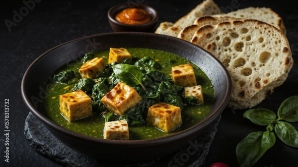 Fototapeta Delicious Bowl of Palak Paneer with Fresh Bread and Chutney