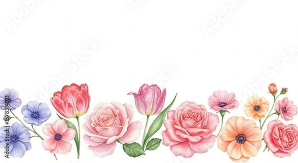 Fototapeta Zachte aquarel bloemenrand pastelkleuren bloeit vrolijk. AI Generated