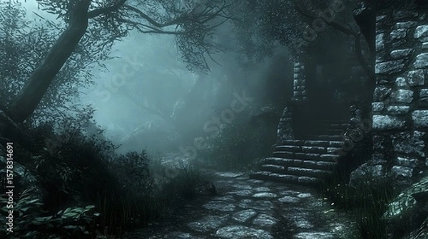 Obraz Misty forest path to stone structure