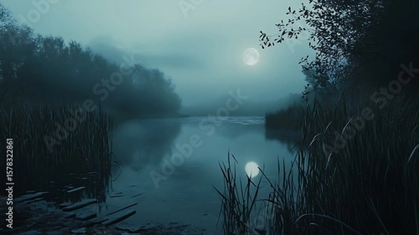 Obraz Misty moonlight lake landscape