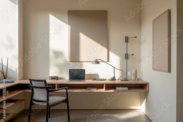 Fototapeta Modern minimalist home office with a wooden desk laptop and chair bathed in natural light