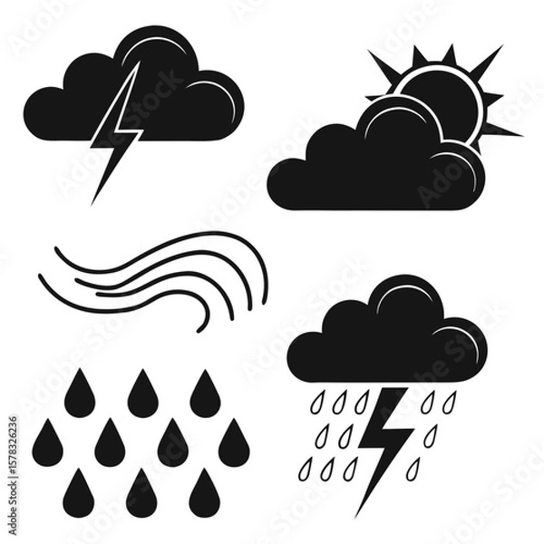 Fototapeta Weather icons with clouds rain lightning sun wind vector