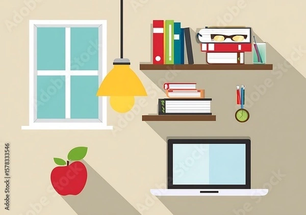 Fototapeta Stylized office with laptop and bookshelf