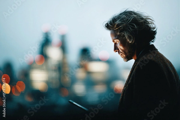 Fototapeta Man Using Tablet with City Lights