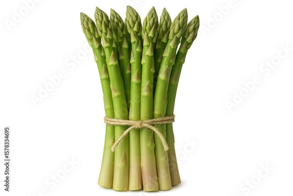 Obraz Green asparagus spears bundled with twine, highlighting organic freshness and culinary artistry on rustic wooden surface
