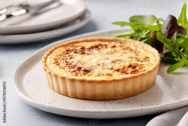 Fototapeta Golden Quiche Lorraine with bacon and cheese on elegant modern table, bright style