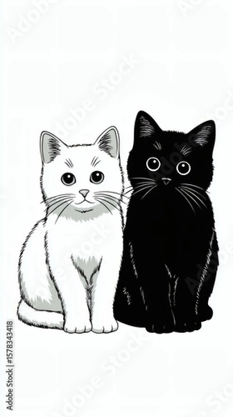 Fototapeta Vertical art of two cats, one white and one black, for elegant minimalist wallpaper Image 4K UHD