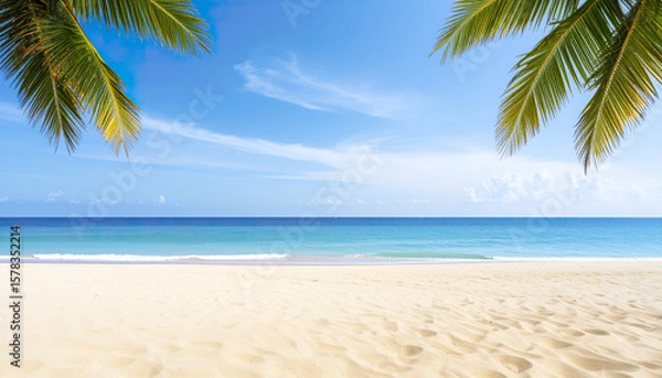 Fototapeta Tropical beach with palm leaves, clear blue sea, and bright sky creating peaceful scene