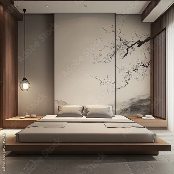 Fototapeta Serene minimalist bedroom with platform bed, Asian-inspired wall art, and soft lighting