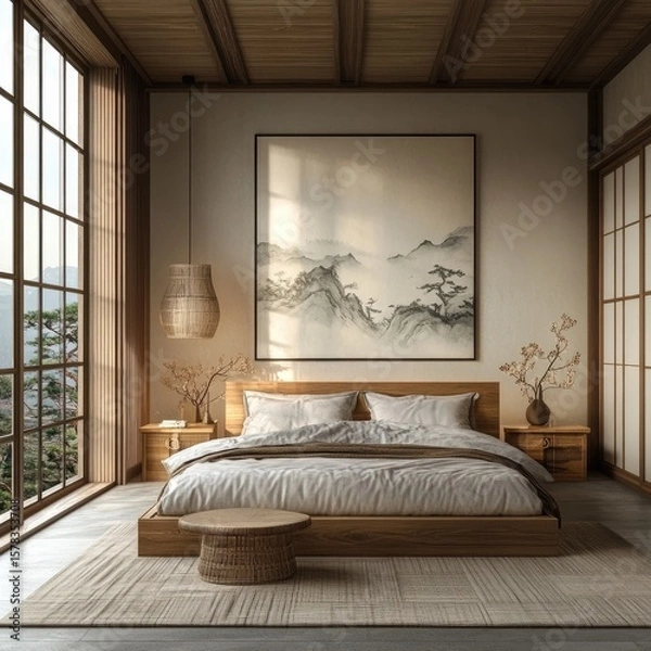 Fototapeta Serene bedroom with minimalist Japanese design, featuring a large window, wooden furniture, and artwork depicting a misty mountain landscape