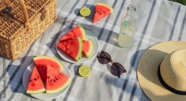 Fototapeta Picnic scene with watermelon slices, a bottle, sunglasses, and a hat arranged on a striped blanket next to a wicker basket.