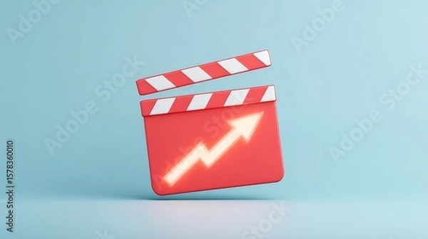Fototapeta A red clapperboard with a white upward arrow, symbolizing growth or success in the film or video industry, on a light blue background.