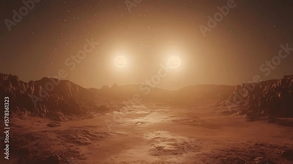 Fototapeta Mysterious planetary terrain under twin glowing orbs