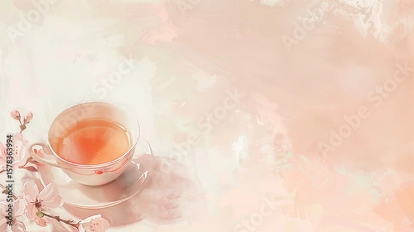 Obraz Happy abstract teatime background card illustration with a cup of tea cherry blossoms and painted pastel copy space