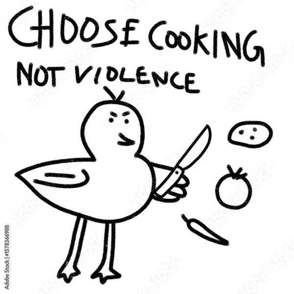 Obraz Choose cooking, not violence, funny duck with a knife and vegetables.