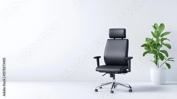 Fototapeta Sleek ergonomic office chair with adjustable features stands against minimalist backdrop, complemented by vibrant green plant in white pot, creating modern workspace atmosphere