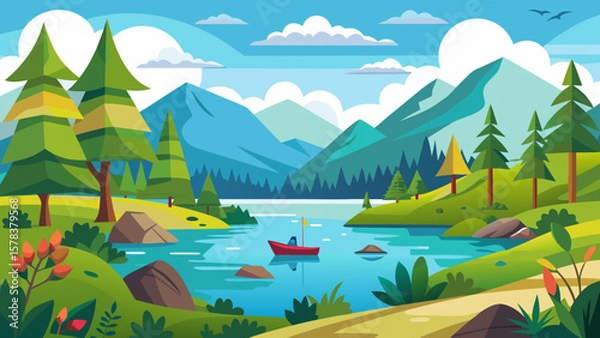 Fototapeta Serene mountain lake with red boat and lush greenery under a blue sky