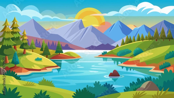 Fototapeta Vibrant cartoon landscape with a serene lake rolling hills and majestic mountains