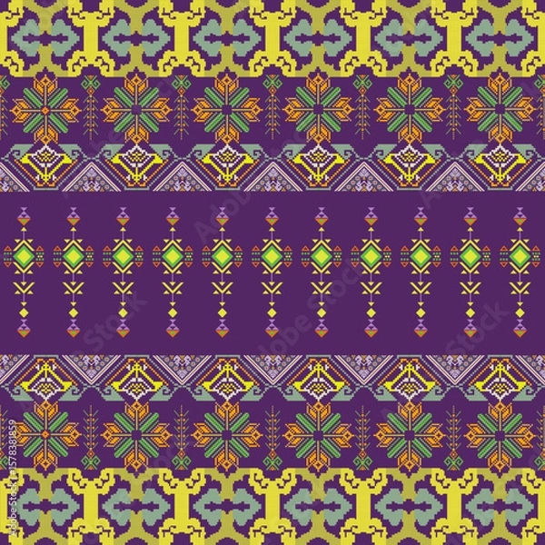 Obraz Luxurious Retro Pixel Textile Pattern with Ethnic Geometric Motifs in Vibrant Yellow and Purple Tones