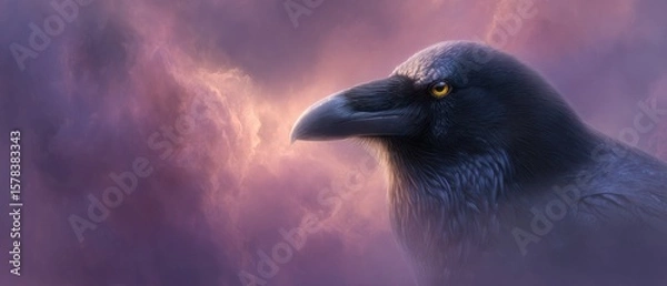 Fototapeta Raven portrait against a backdrop of ethereal clouds evoking themes of mythology and wildlife