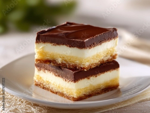Fototapeta Stacked Nanaimo bars showcase Canadian dessert with chocolate custard squares for sweet indulgence