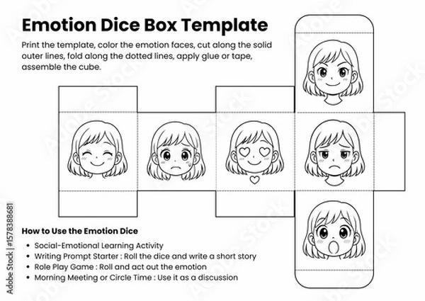 Fototapeta Feelings and Emotions Dice Box Template | SEL Activity for Kids | Writing Prompt Starter | Role Play Game | Coloring Craft for Classroom