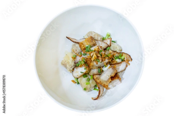 Fototapeta Top view of Dried dumplings with roast pork, focus selective